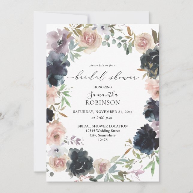 Invitación Lavanda, marina y ducha de novia floral rosa Rubor (Anverso)