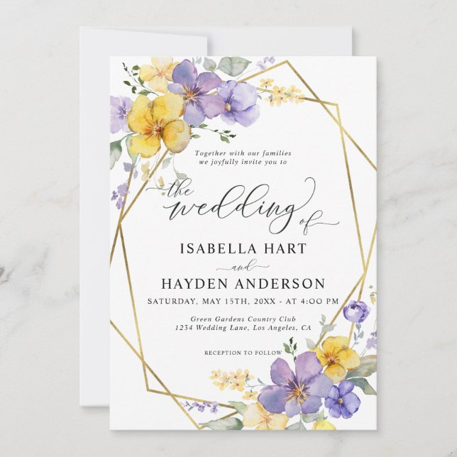 Invitación Lavanda Moda amarilla Floral Boda de marco dorado (Anverso)