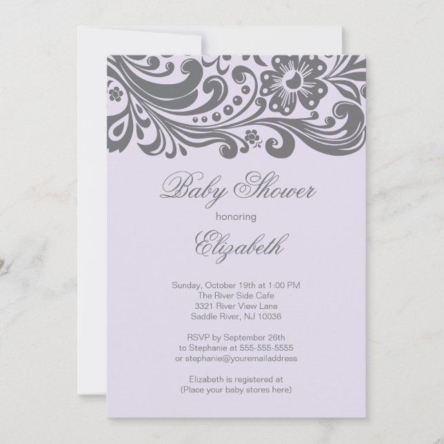 Invitación Lavanda moderna Baby Shower Floral gris (Anverso)