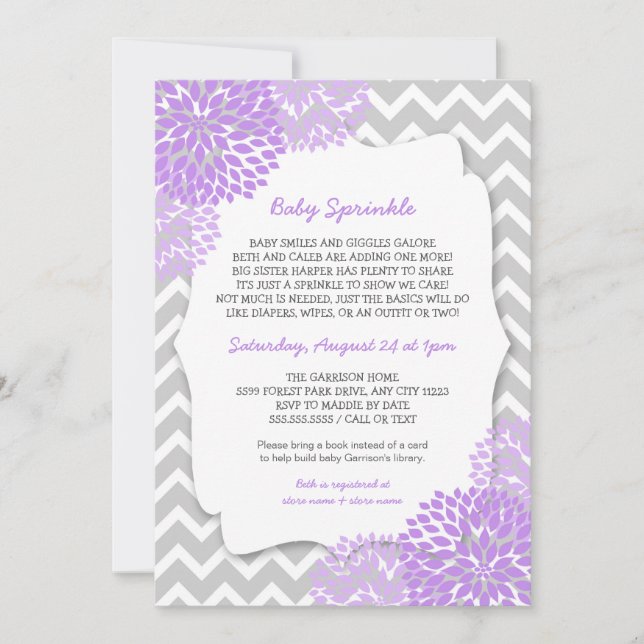 Invitación Lavanda moderna Dahlia Baby sprinkle invita (Anverso)