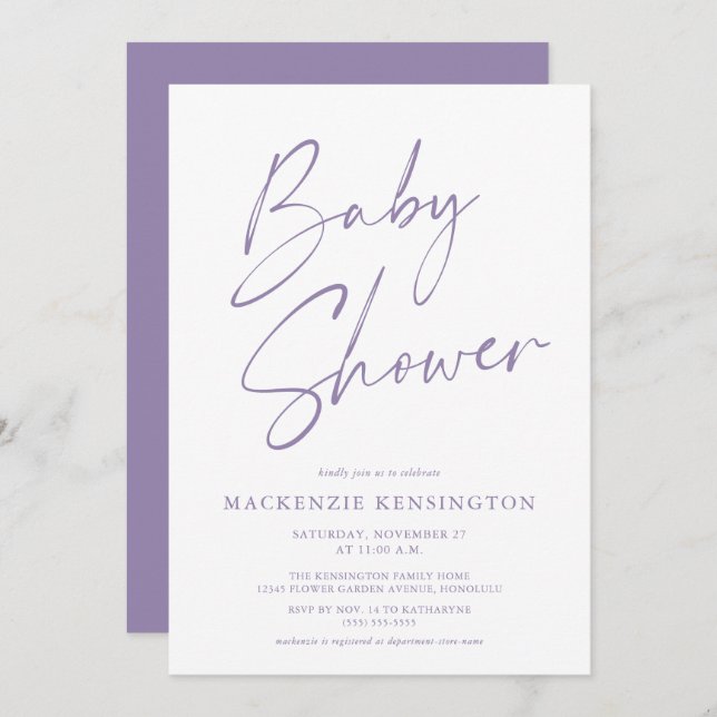 Invitación Lavanda moderna Purple Simple Script Baby Shower (Anverso / Reverso)