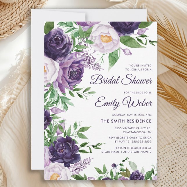Invitación Lavanda morada acuarela Floral Brigada de la ducha (Elegant purple and lavender floral bridal shower invitation)