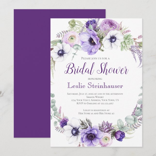 Invitación Lavanda morada Floral blanca ducha de novia | (Anverso / Reverso)