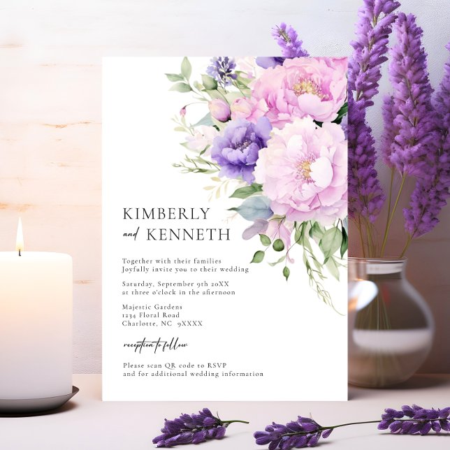 Invitación Lavanda morada Floral rosa RSVP Boda de código QR (Purple Lavender Pink Floral RSVP QR code Wedding Invitation)