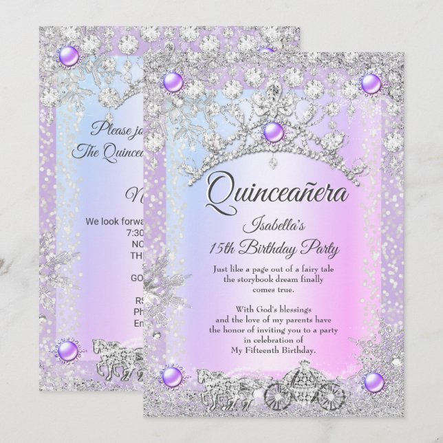 Invitación Lavanda morada Quinceanera 15.ª portadora de invie (Anverso / Reverso)