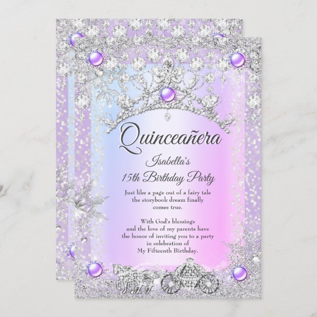 Invitación Lavanda morada Quinceanera 15.ª portadora de invie (Anverso / Reverso)