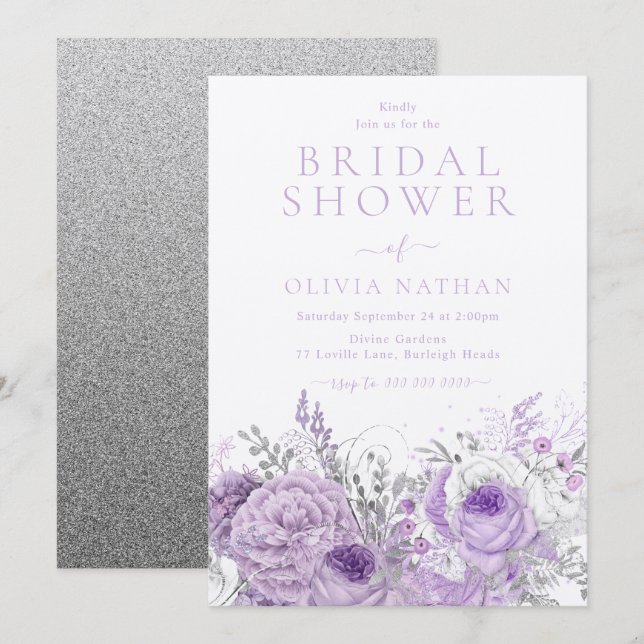 Invitación Lavanda morada Shimmer Floral Bridal Shower (Anverso / Reverso)