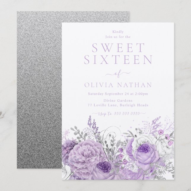 Invitación Lavanda morada Shimmer Floral Sweet 16 Fiesta (Anverso / Reverso)