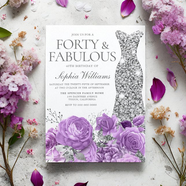 Invitación Lavanda morada y bata plateada 40 Fiesta de cumple (Subido por el creador)
