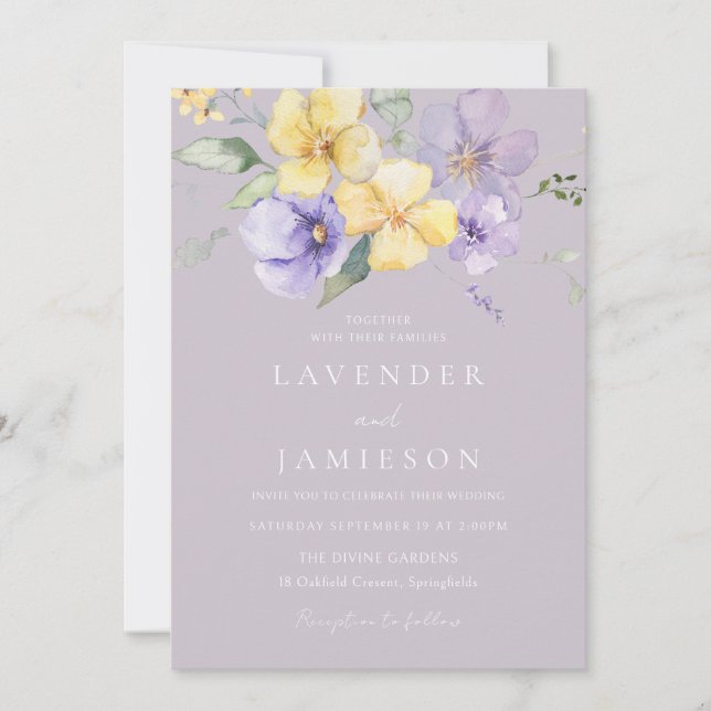 Invitación Lavanda morada y Boda floral amarillo (Anverso)
