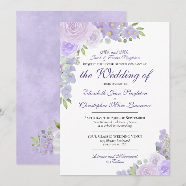 Invitación Lavanda Morado Acuarela Floral Boda formal (Anverso / Reverso)