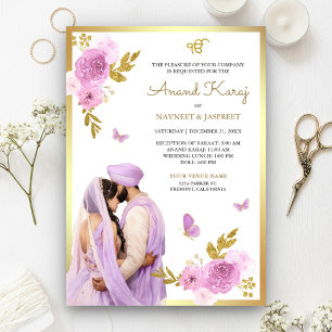 Invitación Lavanda Morado Floral Anand Karaj Boda Sikh