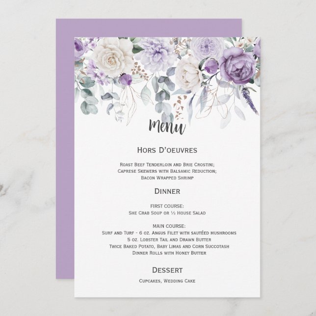 Invitación Lavanda, morado, marfil, menú Boda verde (Anverso / Reverso)