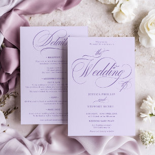 Invitación Lavanda Morado todo en uno boda caligrafía 