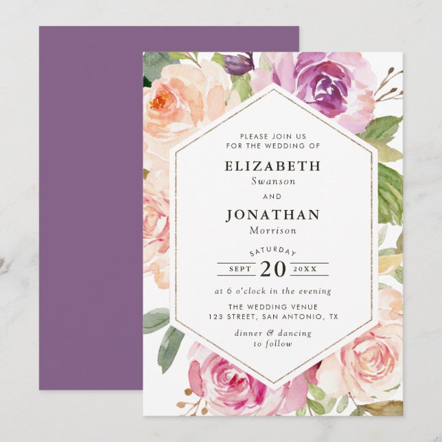 Invitación lavanda morado y boda floral rubio (Anverso / Reverso)
