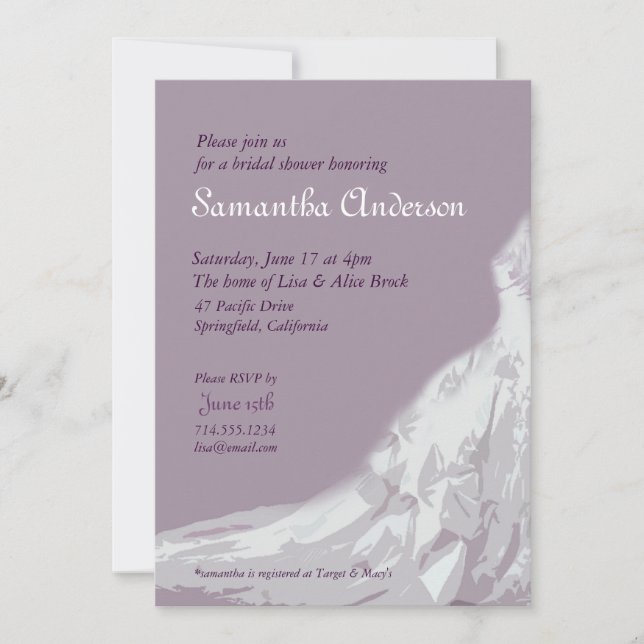 Invitación Lavanda nupcial de la ducha: vestido nupcial (Anverso)