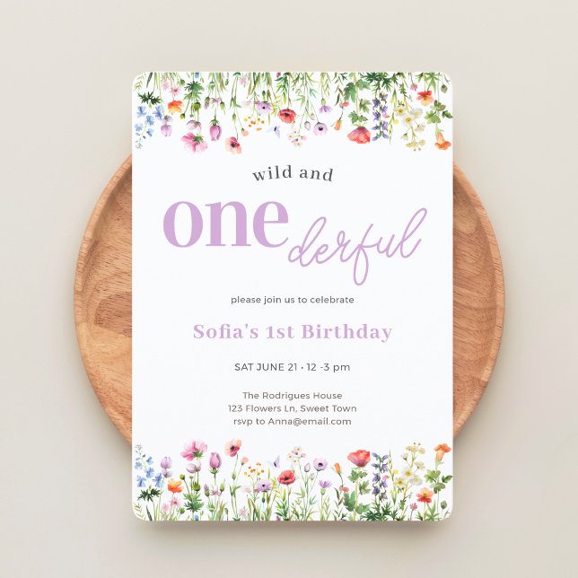 Invitación Lavanda Onederful Flor Silvestre Cumpleaños 1 (The front of the invitation is shown at  5x7 in with round corners. Choose size + corner style.)