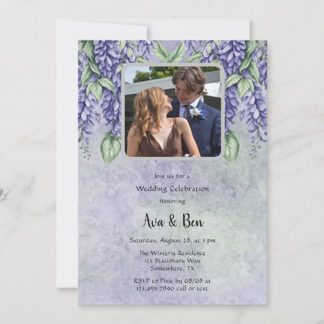 Invitación Lavanda pintada Wisteria Floral Añadir Boda de fot (Anverso)
