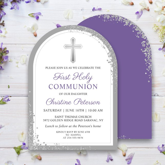 Invitación Lavanda plateada Púrpura Primero Arco de Comunión  (Subido por el creador)