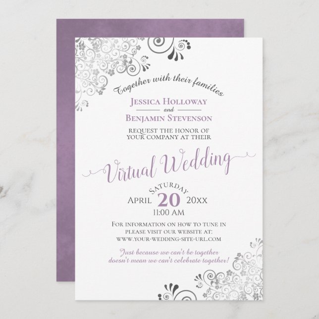 Invitación Lavanda plateada y Boda virtual blanca (Anverso / Reverso)