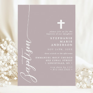 Invitación Lavanda Polvorienta Bautizo Sencillo Moderno Letra