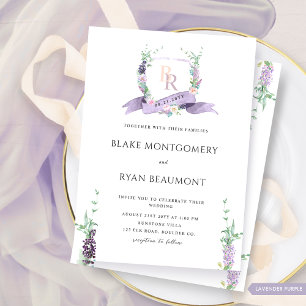 Invitación Lavanda, púrpura, Boda de monograma floral pastel