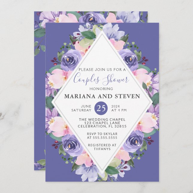 Invitación Lavanda Púrpura Ducha De Parejas Florales Rosa (Anverso / Reverso)