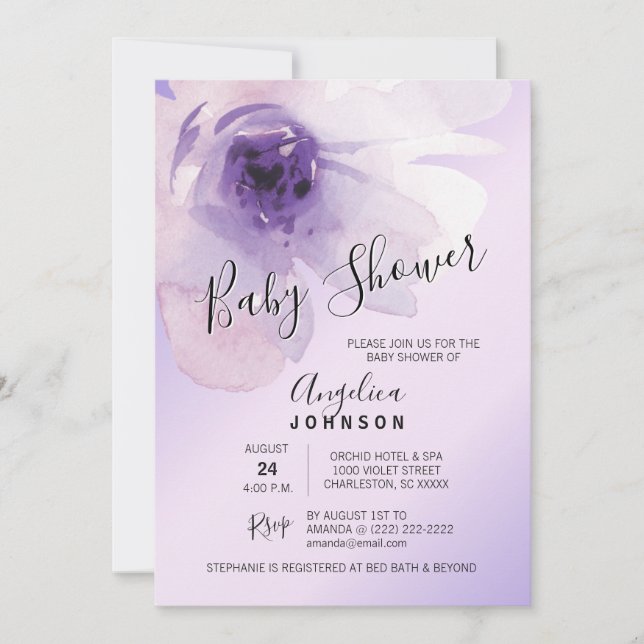 Invitación Lavanda púrpura floral Baby Shower de la acuarela (Anverso)