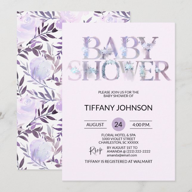 Invitación Lavanda púrpura floral Baby Shower de la acuarela (Anverso / Reverso)