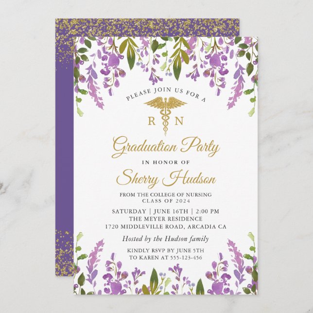 Invitación Lavanda Púrpura Floral Oro RN Graduación de Enferm (Anverso / Reverso)