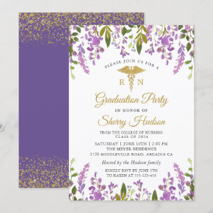 Invitación Lavanda Púrpura Floral Oro RN Graduación de Enferm