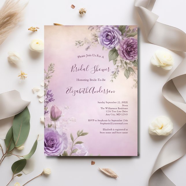 Invitación Lavanda Púrpura Púrpura Floral Elegante Ducha Brid (Lavender Pink Purple Floral Watercolor Bridal Shower invitation)
