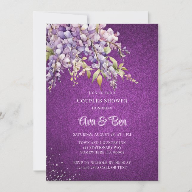 Invitación Lavanda púrpura Wisteria Purpurina Ducha Parejas (Anverso)