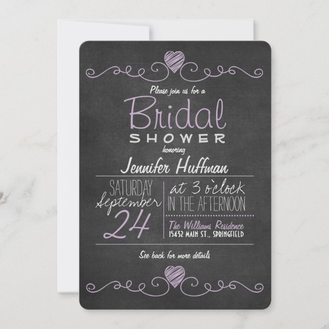 Invitación Lavanda Púrpura y Blanca; Chalkboard Bridal Shower (Anverso)