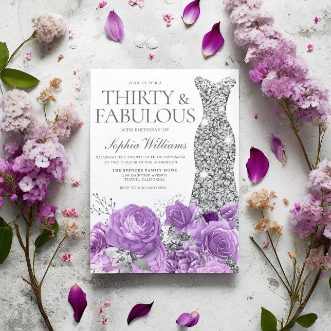 Invitación Lavanda púrpura y Fiesta Silver Gown 30 cumpleaños (Subido por el creador)