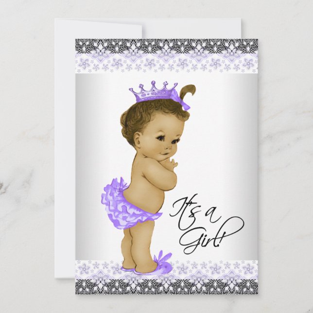 Invitación Lavanda Púrpura y Gris Vintage Chica Ducha (Anverso)