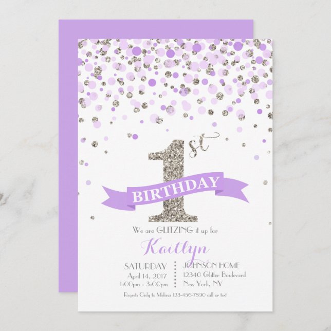 Invitación Lavanda Purpurina plateado rompe cumpleaños modern (Anverso / Reverso)