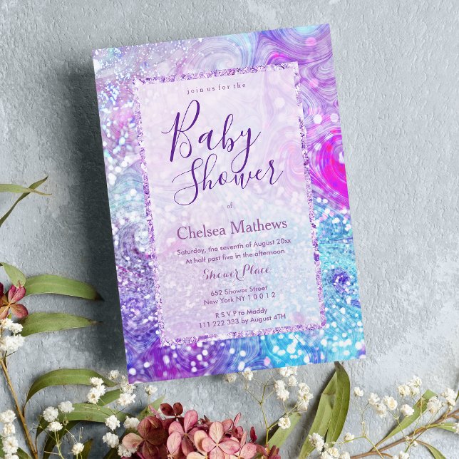 Invitación Lavanda purpurina verde azulado de mármol morado B (Lavender teal purple marble glitter Baby Shower Invitation )