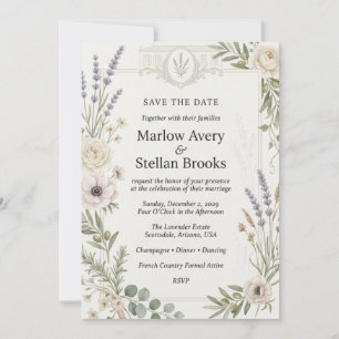 Invitación Lavanda, Ramas de Olivo, Rosas Blancas, Anémonas,