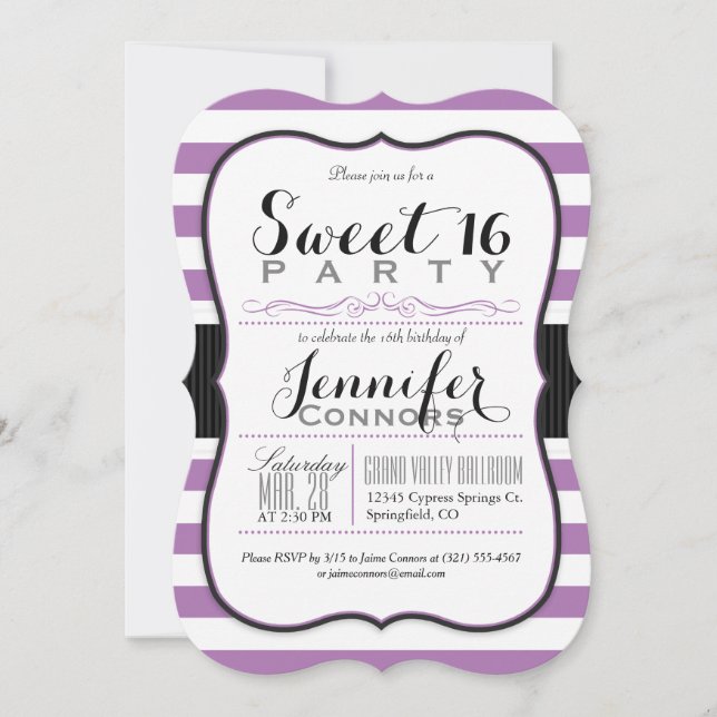 Invitación Lavanda Rayos morados y blancos Sweet 16 Fiesta (Anverso)