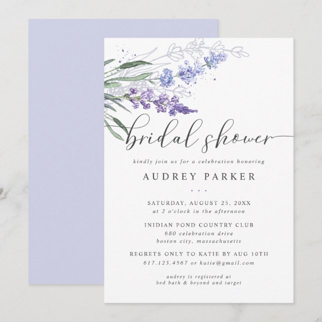 Invitación Lavanda romántica acuarela floral ducha de novia (Anverso / Reverso)