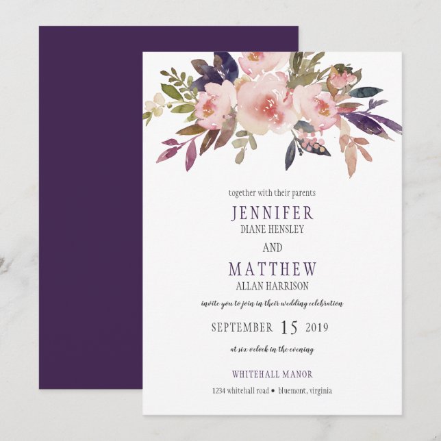 Invitación Lavanda rosa Boda morado floral| (Anverso / Reverso)