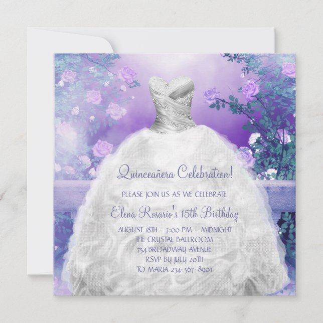 Invitación Lavanda Rosa púrpura Quinceanera púrpura (Anverso)