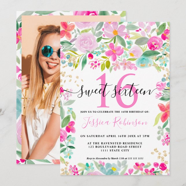 Invitación Lavanda rosa suelta escritura de oro floral Sweet  (Anverso / Reverso)