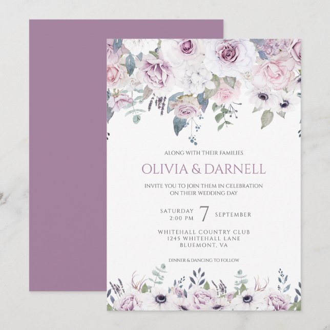 Invitación Lavanda rosa violeta suave Boda floral blanco I (Anverso / Reverso)