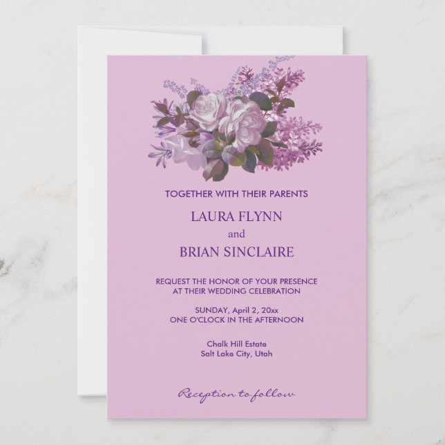 Invitación Lavanda, Rosas y Lilacs, Boda (Anverso)