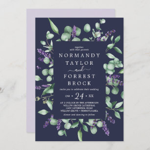 Invitación Lavanda rústica   Boda del marco floral azul de la