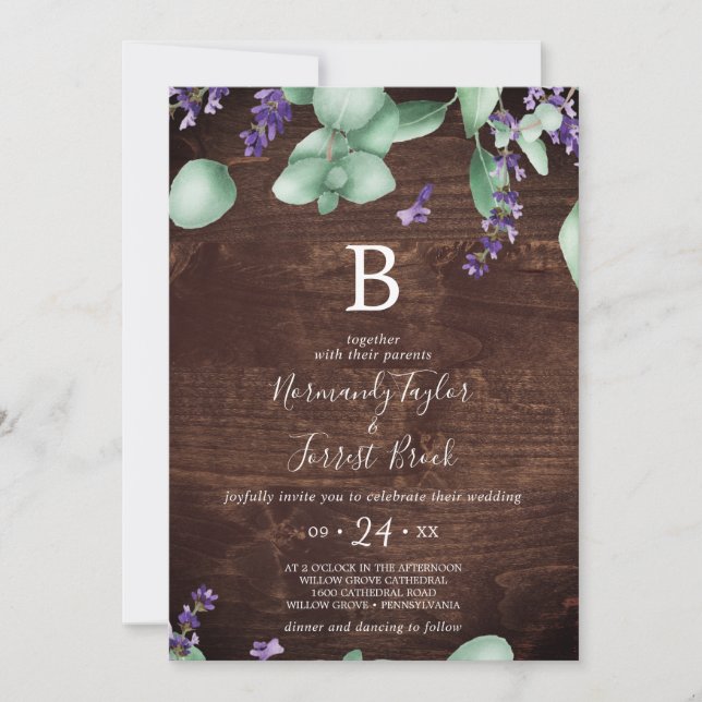 Invitación Lavanda rústica | Boda Monograma de madera (Anverso)