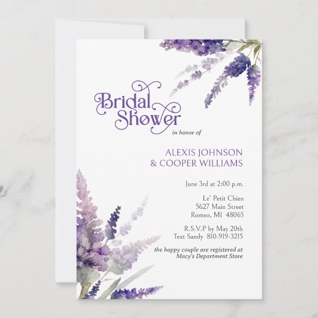 Invitación Lavanda rústica de Boho florió ducha de novia mora (Anverso)