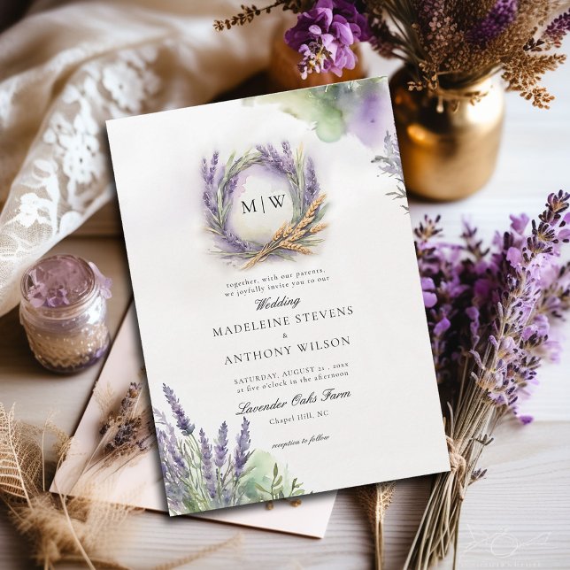 Invitación Lavanda Rústica Elegante Boda de Monogramos de Wre (lavender wedding invitation watercolor botanical wreath monograms elegant modern romantic)